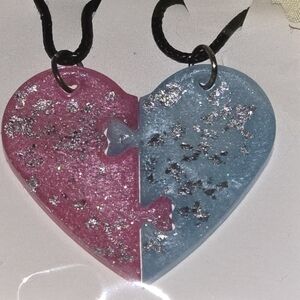 Sparkling Pink and Blue Heart Puzzle Friendship Necklace
